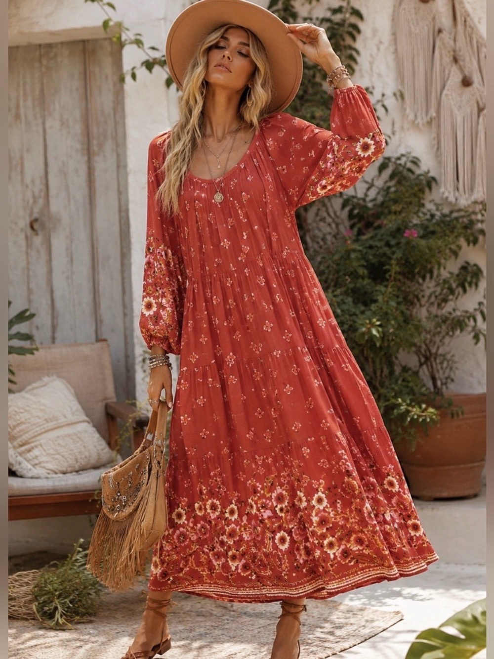 Gorgeous boho Spell the Gypsy Orange Floral Border Maxi Dress size M